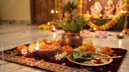 a traditional Indian puja arrangement on a richly embroidered maroon cloth