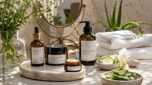 Natural spa bottles with aloe and towels