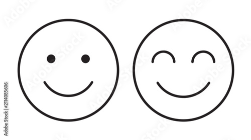 Two circular smiley face with black outlines on a white background, one with open eyes and one with closed happy eyes