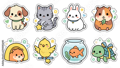 Kawaii animal stickers including dog, cat, and rabbit designs