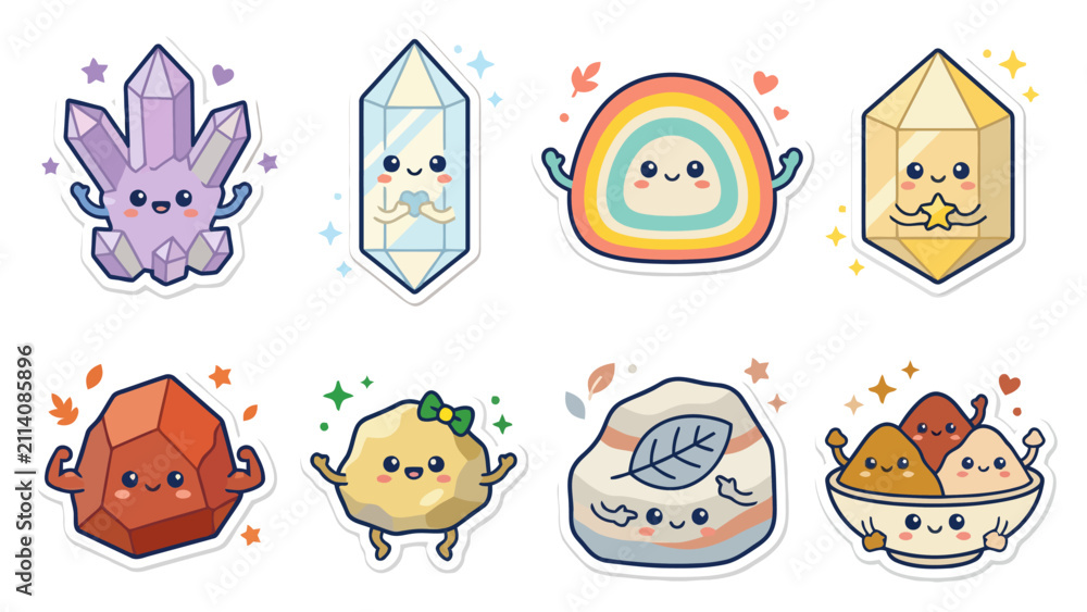 Fototapeta premium Collection of colorful kawaii stickers featuring crystals, rainbow, and food characters