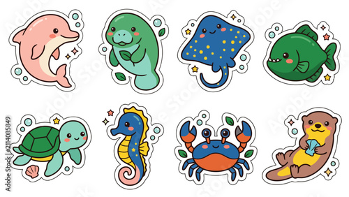 Kawaii animal stickers featuring marine creatures like dolphin and manatee