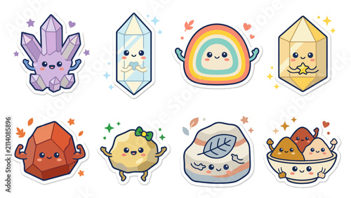 Collection of colorful kawaii stickers featuring crystals, rainbow, and food characters