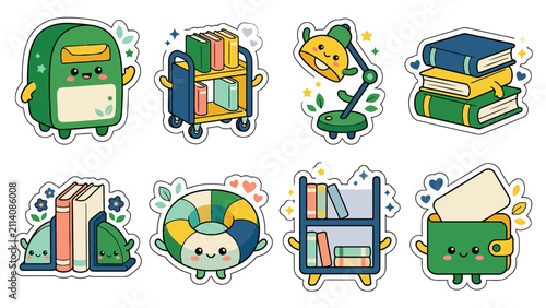 Kawaii stickers featuring cute school items and characters