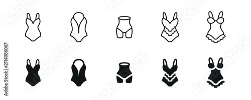Body Suit Icon Set with Line and Glyph Styles Including Halterneck and Lace