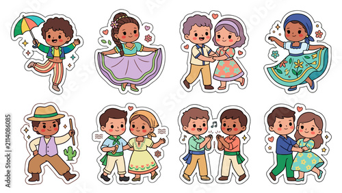 Kawaii stickers featuring traditional Brazilian characters and dance attire