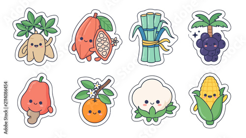 Kawaii stickers of various fruits and vegetables including cacao and corn
