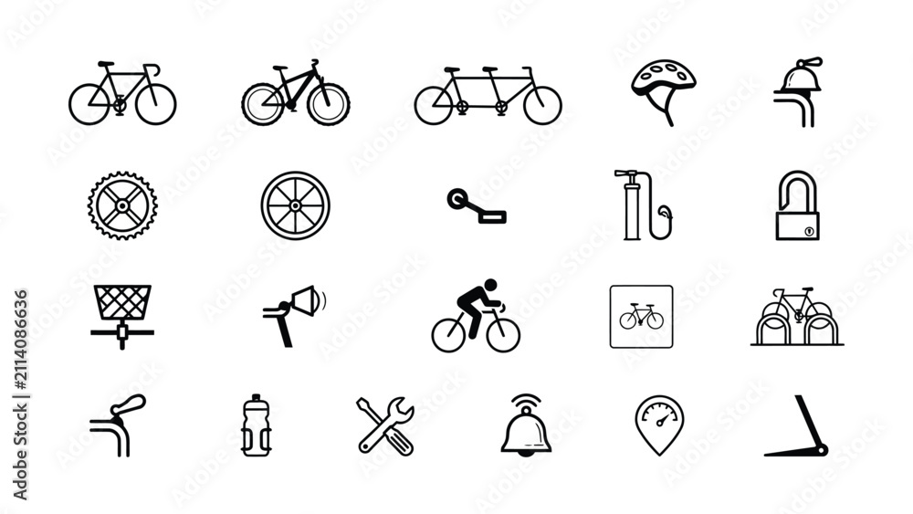 Fototapeta premium Collection of bicycle related icons featuring helmets wheels and accessories for cycling graphics projects