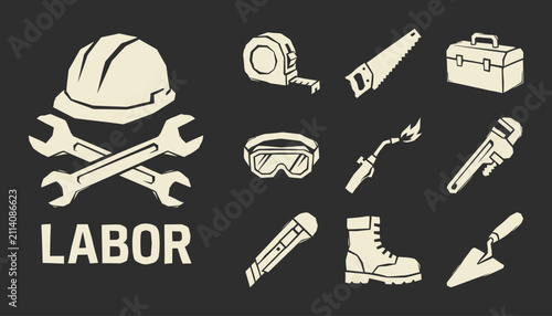Quadro su tela Industrial Labor Construction Tools Icon Set in Vintage Vector Style