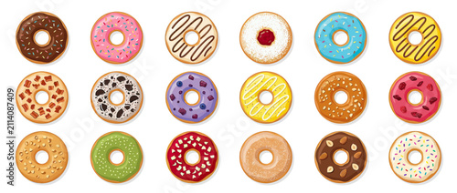 Photography Assortment of Colorful Frosted Doughnuts Displayed in Grid