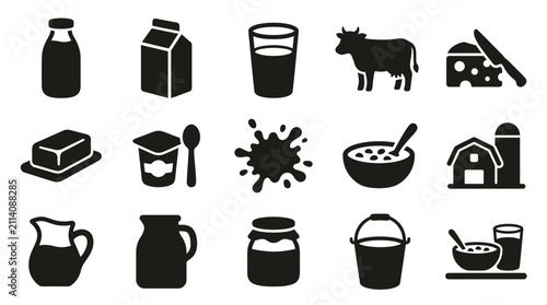 Quadro su tela Collection of dairy product icons including milk, cheese, butter, yogurt, and farm elements