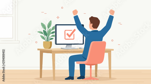 Canvastavla Man celebrating success at computer, checkmark on screen, task completion