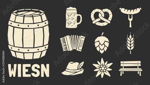 Bavarian beer festival icon set in minimalist vintage style for traditional celebrations