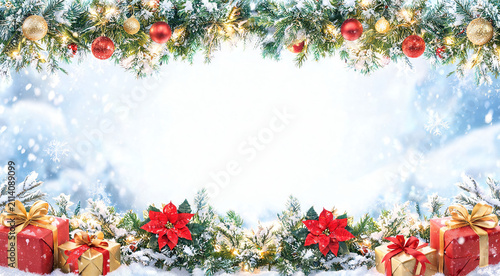 Festive winter scene filled with decorations and gifts ready for a joyful holiday celebration in a snowy wonderland