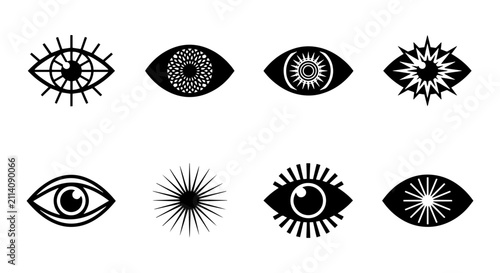 Mystic Eye Icons, Esoteric Symbols, Spiritual Vision, Third Eye Graphics, Black and White Vector Set