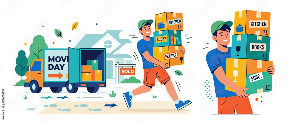 Naklejka premium Moving Day Service: Man Carrying Boxes Near Truck and House