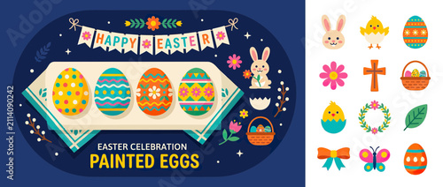 Canvastavla Happy Easter Painted Eggs Celebration Flat Illustration