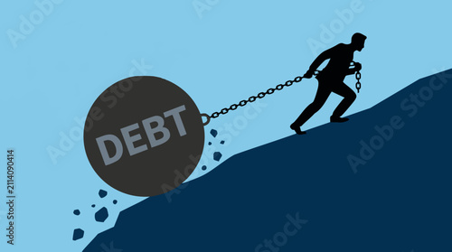Silhouette of a man pulling heavy debt ball uphill, symbolizing financial burden