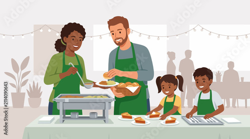 Diverse Family Volunteering at a Community Food Kitchen Event