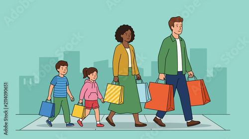 Diverse Family Walking Together Holding Colorful Shopping Bags in City