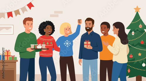 Diverse Friends Celebrating Christmas Party at Home