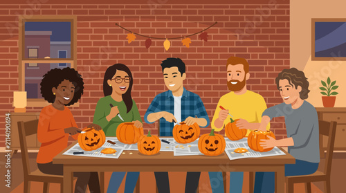 Diverse Friends Carving Pumpkins Together for Halloween Celebration