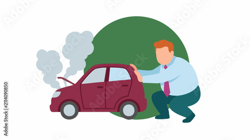 Foto Businessman pushing broken-down car with smoking engine