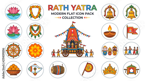 Set of modern flat vector icons depicting the Rath Yatra Hindu festival elements.