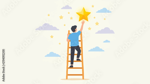 Obraz na plátne Achieving Dreams: Man on ladder reaching for a glowing star, success concept
