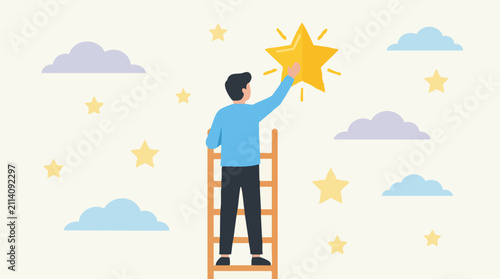 Foto Man on ladder reaching for a golden star, symbolizing ambition and success