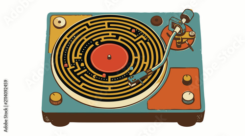 Retro Turntable with Maze Pattern Vinyl Record Vector Illustration