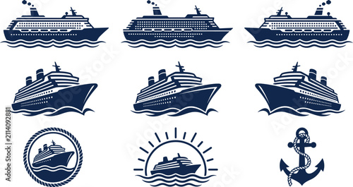 Принти на полотні Cruise Ship and Luxury Ocean Liner Silhouette Vector Icon Set Featuring Nautical
