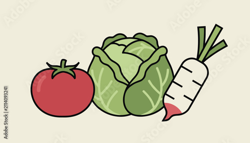 Set of three cartoon style organic vegetables including a red tomato, a green cabbage, and a white radish.