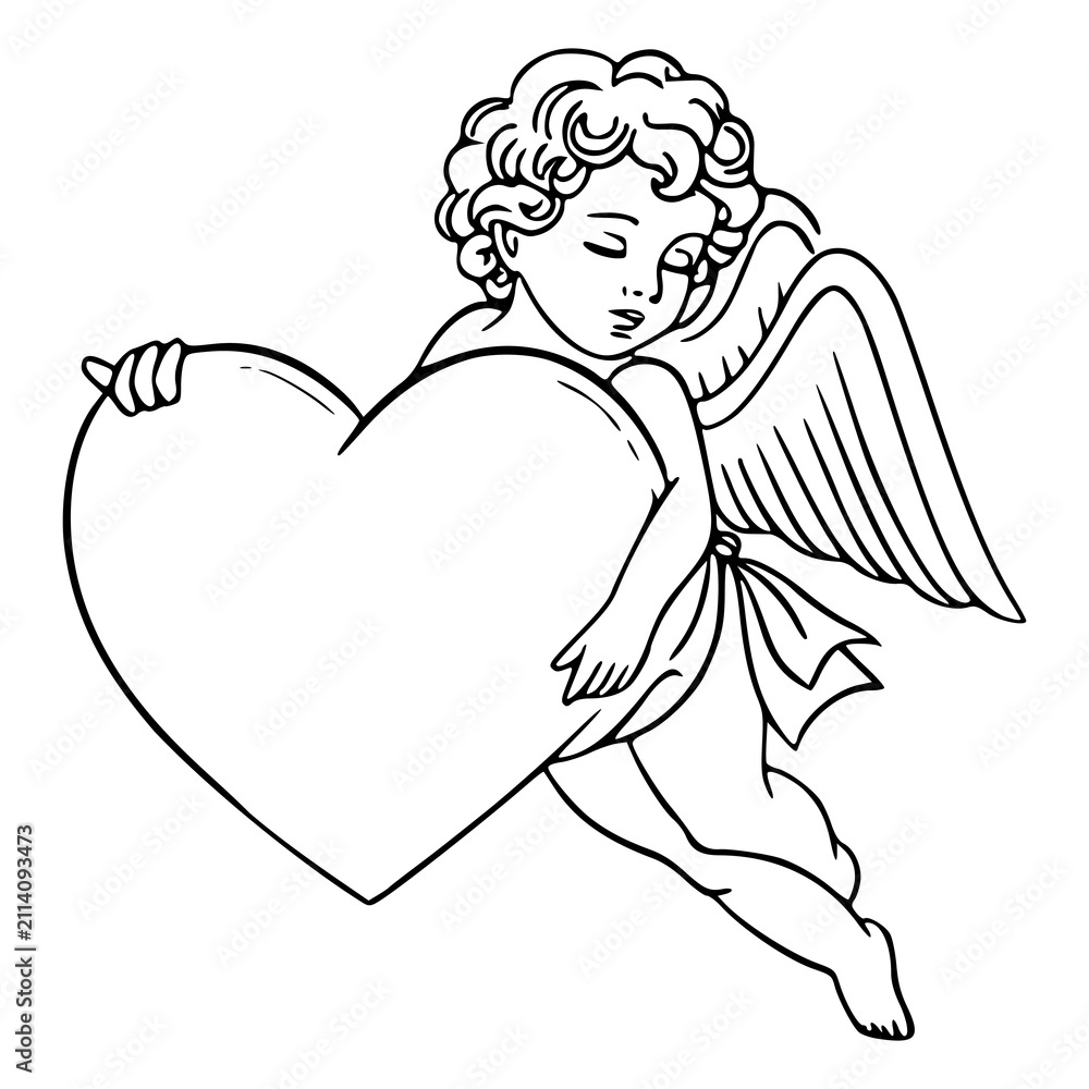 Obraz premium vintage angel baby holding big heart symbol for valentine's day line art drawing