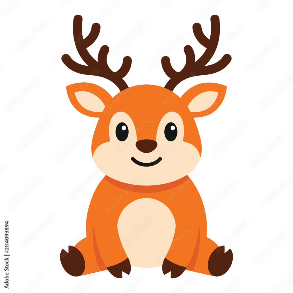 Obraz premium Cute cartoon reindeer with antlers and happy face sitting alone icon