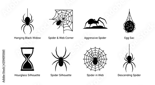 Quadro su tela Spider Icons Set: Black Widow, Web, Egg Sac, Hourglass, Silhouette Graphics