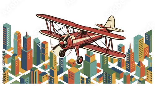 Vintage Red Biplane Over Isometric Colorful City Skyline
