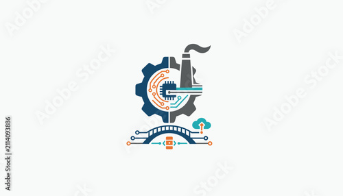 Integrated industrial technology icon with gear system, microchip circuit, smart bridge, and manufacturing factory.