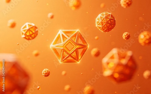 Abstract 3D geometric shapes floating in orange space