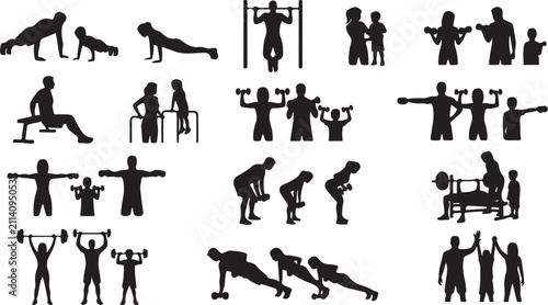 Black silhouettes of adults and children exercising together with weights, pull-up bars, and gym equipment on a white background
