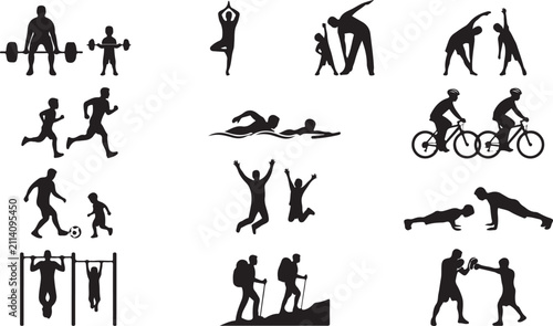 Black silhouettes showing adults and children performing various fitness exercises, sports, yoga, swimming, cycling, and outdoor hiking activities