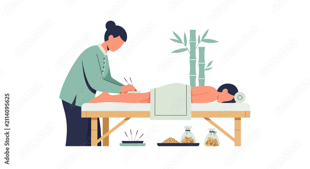 Fototapeta premium Acupuncture Treatment: Therapist Performing Needle Therapy on Patient Lying on Massage Table