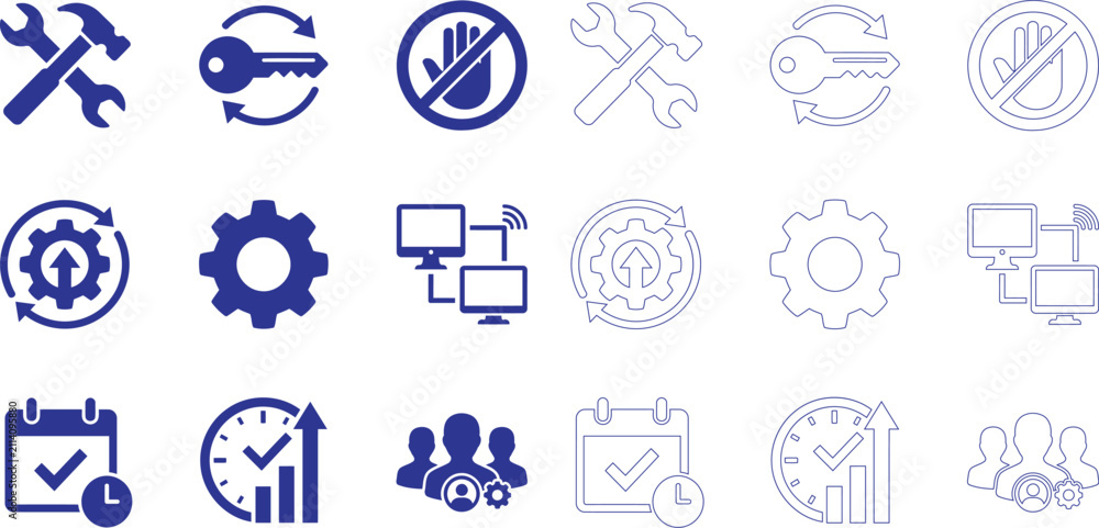 Fototapeta premium Collection of blue line icons representing service repair and technology silhouette