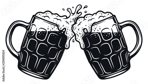 Foto Two beer mugs clinking together with foam splashing