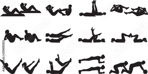 Konstfotografi Set of black silhouettes featuring people doing abdominal exercises, crunches, a