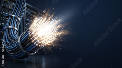 Fiber Optic Cable with High Speed Data Transmission and Network Server Background