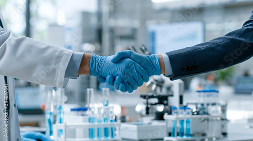 Detailed View of Handshake Between Scientist and Business Professional Representing Collaboration Between Science Industry and Investment