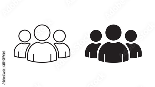 Group of three people in outline and solid black styles, representing team, community, or social network, isolated on a white background