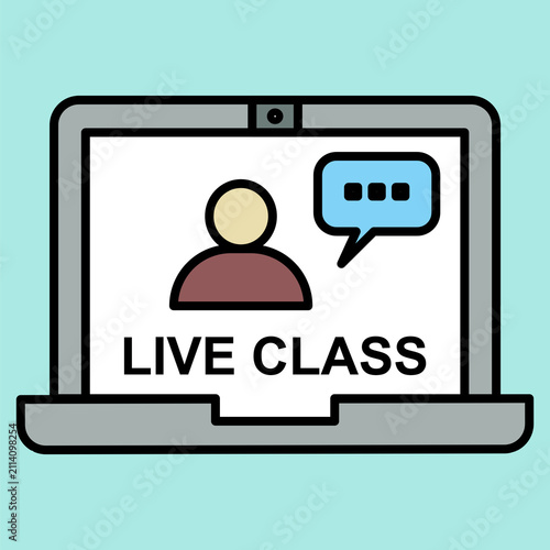 Laptop screen displays live class icon. Simple icon shows person and chat bubble. Text reads 