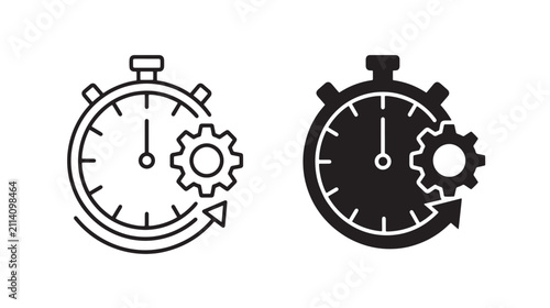 Stopwatch set with a gear and a circular arrow on a white background, representing time management, efficiency, and industrial, process optimization